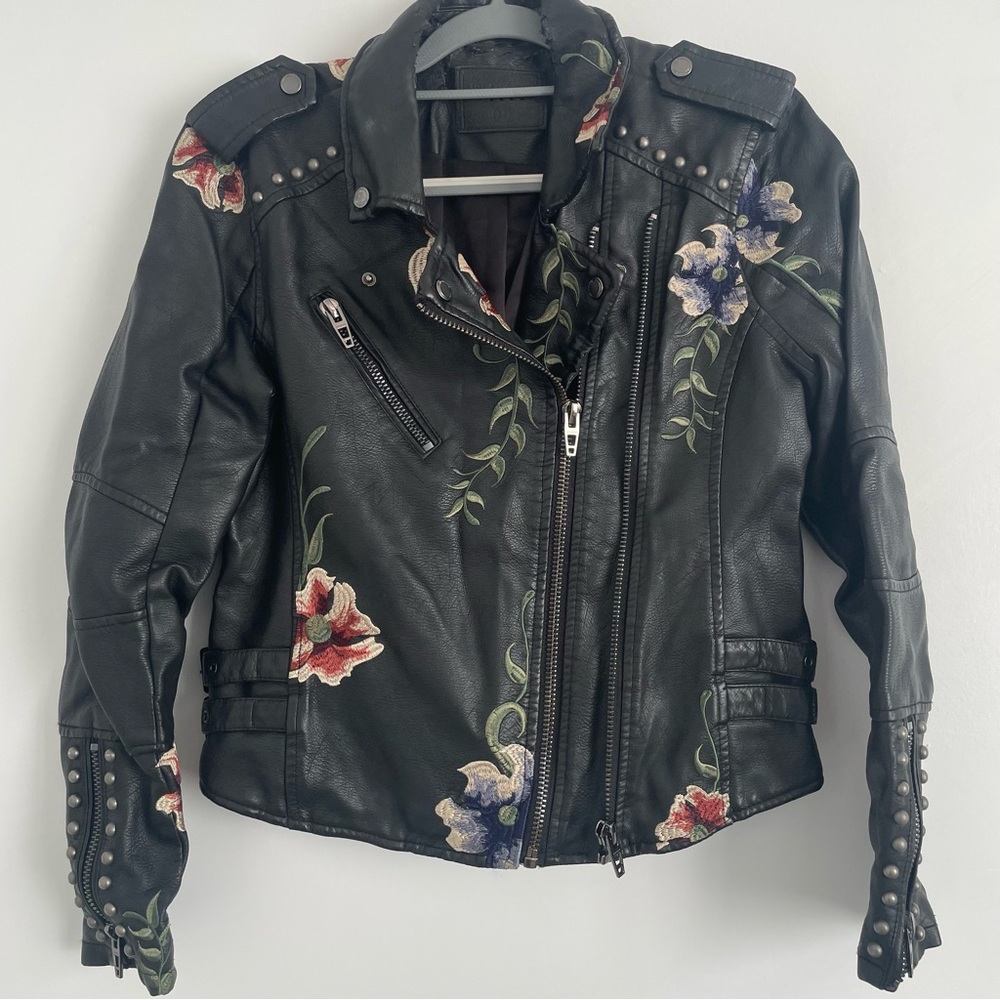 RARE Embroidered Black Studded Faux Leather Jacket from Blank NYC